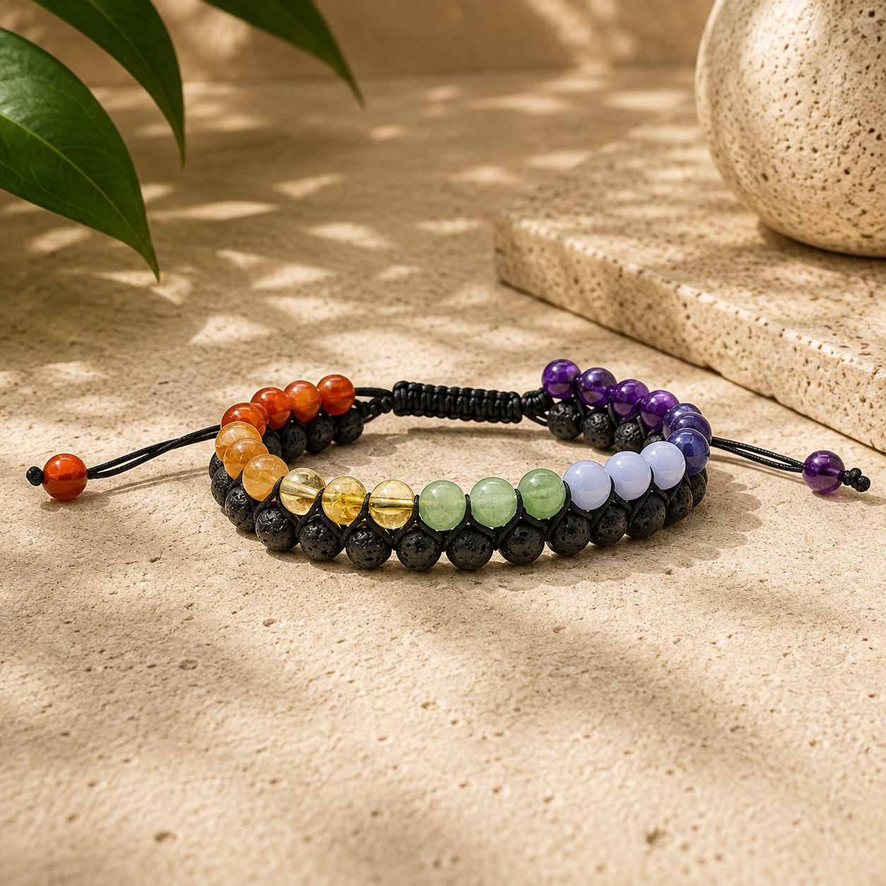 Lava Stone & Chakra 6mm Double Row Bead Bracelet - 6.75-10.25 inch