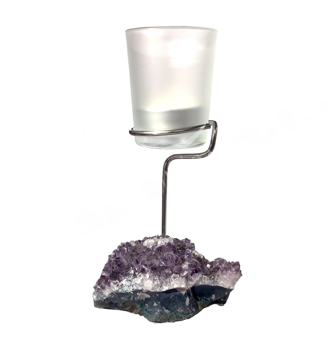Amethyst Druse Tealight Holder with Metal Stand and Glass Votive 2.1 x 3.3 Inch