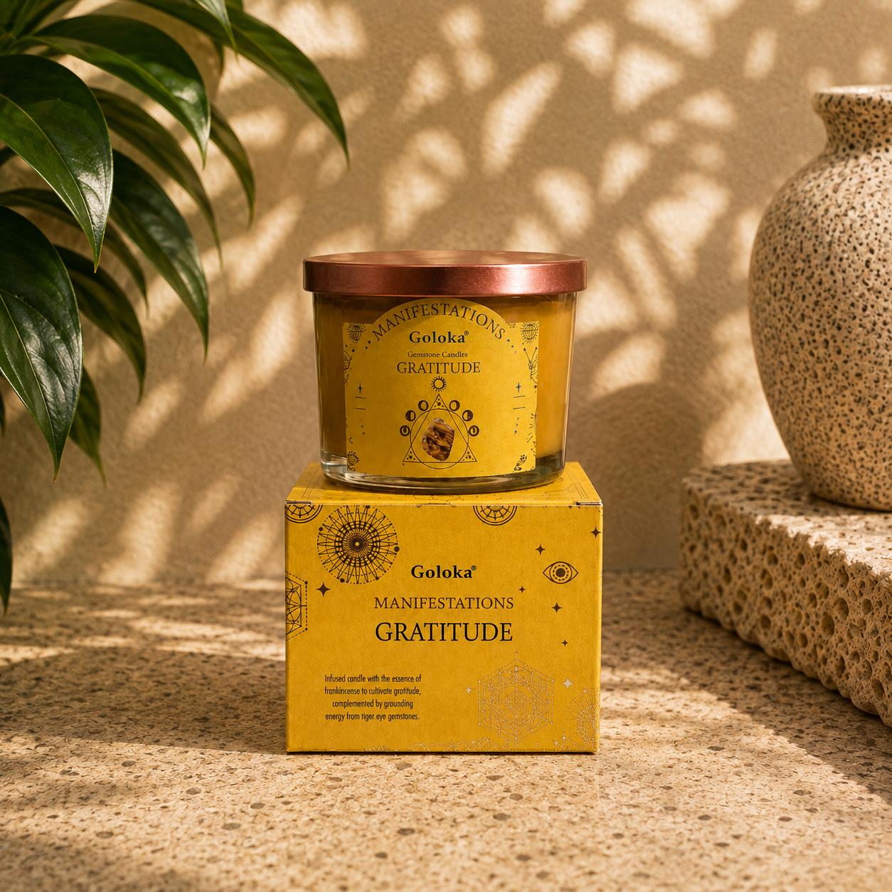# Goloka Gratitude Jar Candle with Tiger Eye