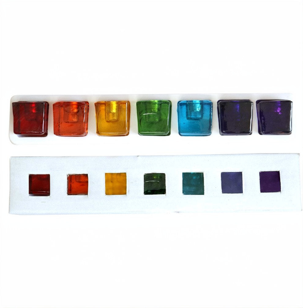 Glass Chakra Cube Mini Candle Holder - 1.25 inch (Set of 7)