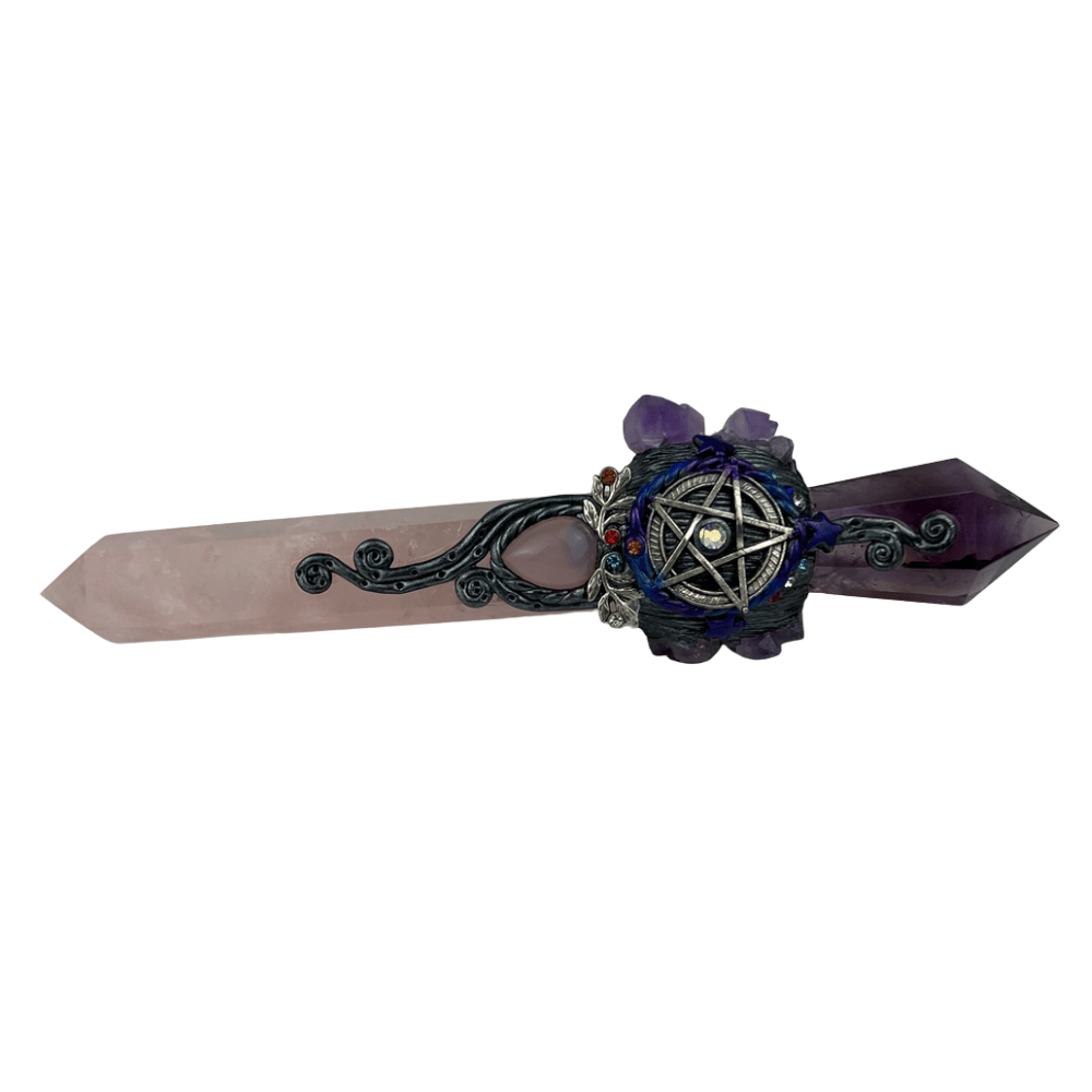 Amethyst and Rose Quartz Pentacle Wand - 7.75 inch