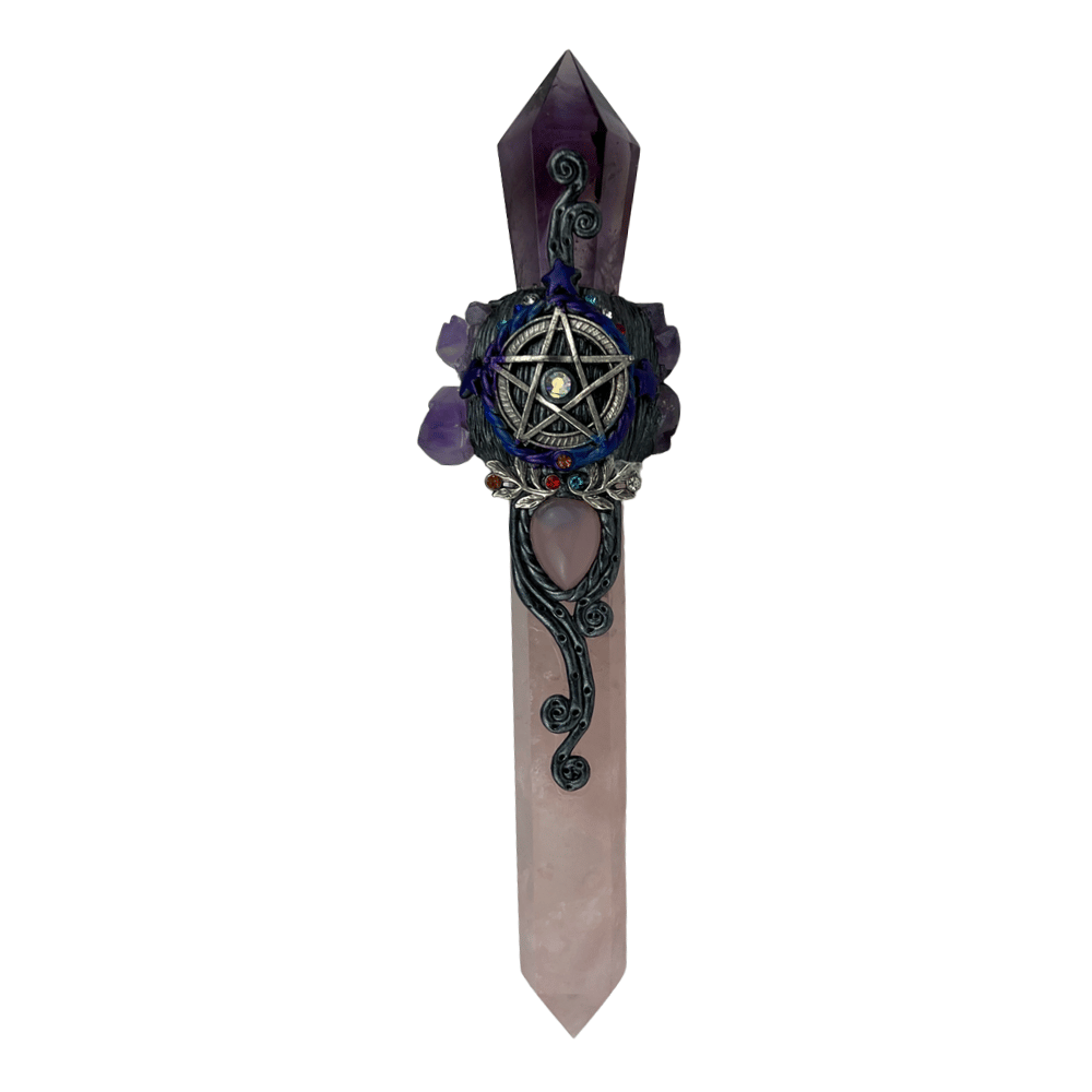 Amethyst and Rose Quartz Pentacle Wand - 7.75 inch