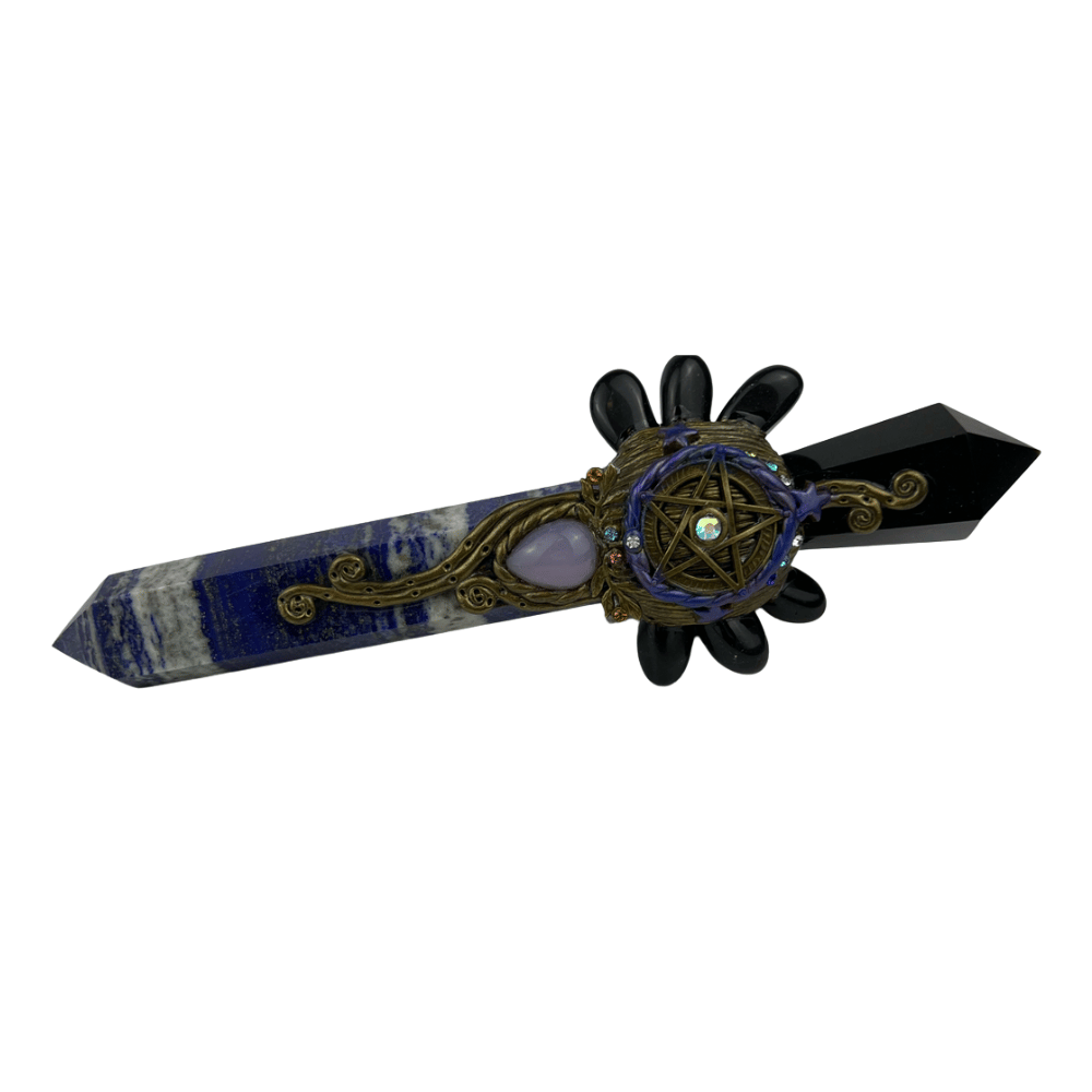Black Obsidian with Lapis Lazuli Point Wand - 7.75 inch