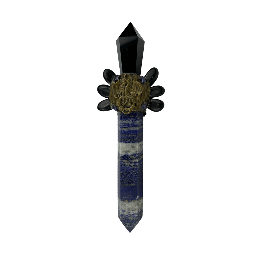 Black Obsidian with Lapis Lazuli Point Wand - 7.75 inch