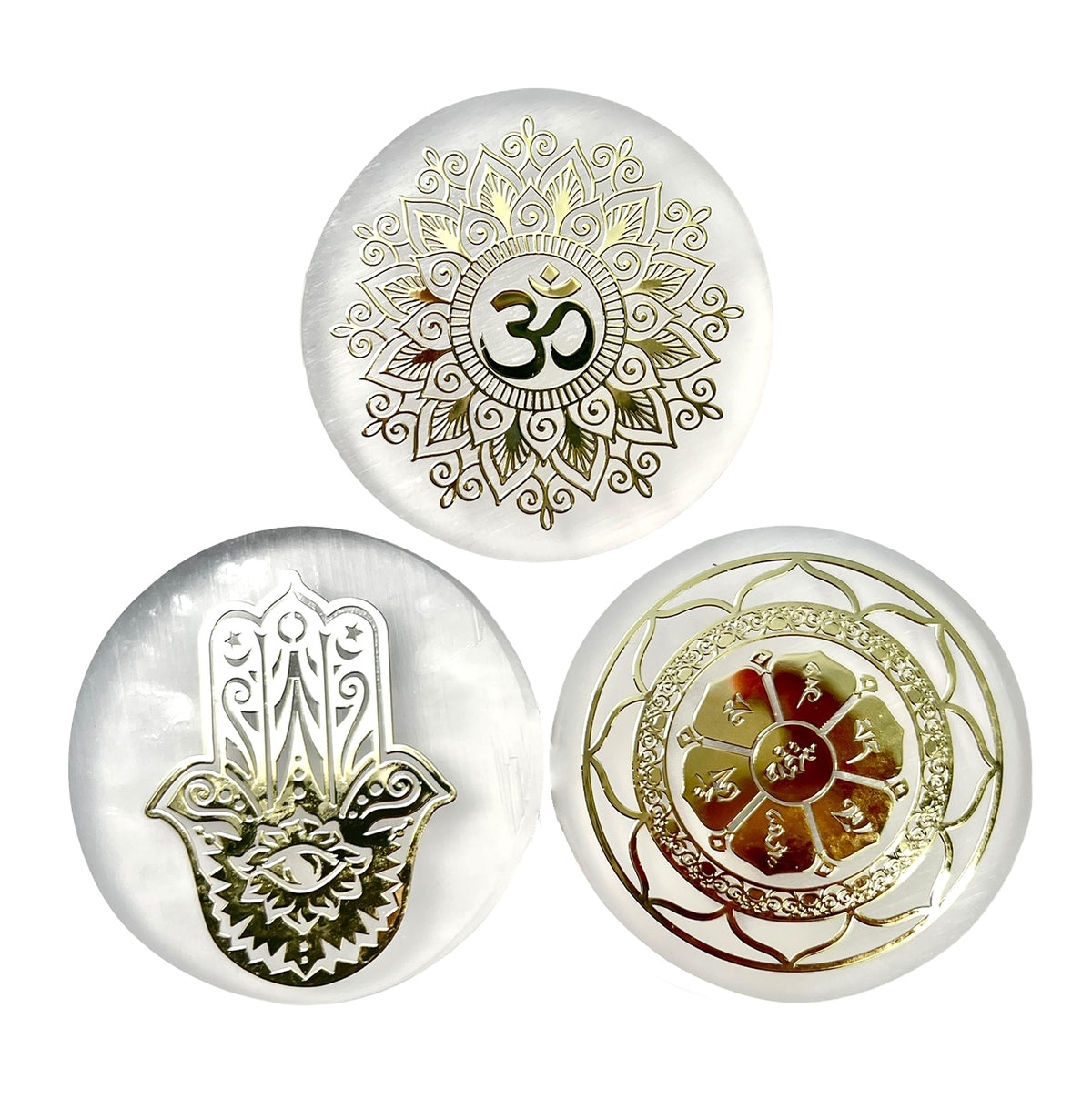 Selenite OM & Hand of Fatima Gold Design Charger Plaques - Set of 3 - 2.5 Inch