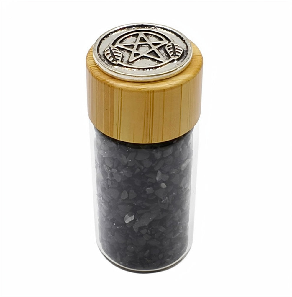 BOTTLE - CHIPS STONES OBSIDIAN, BLACK WITH PENTACLE - 2 inch
