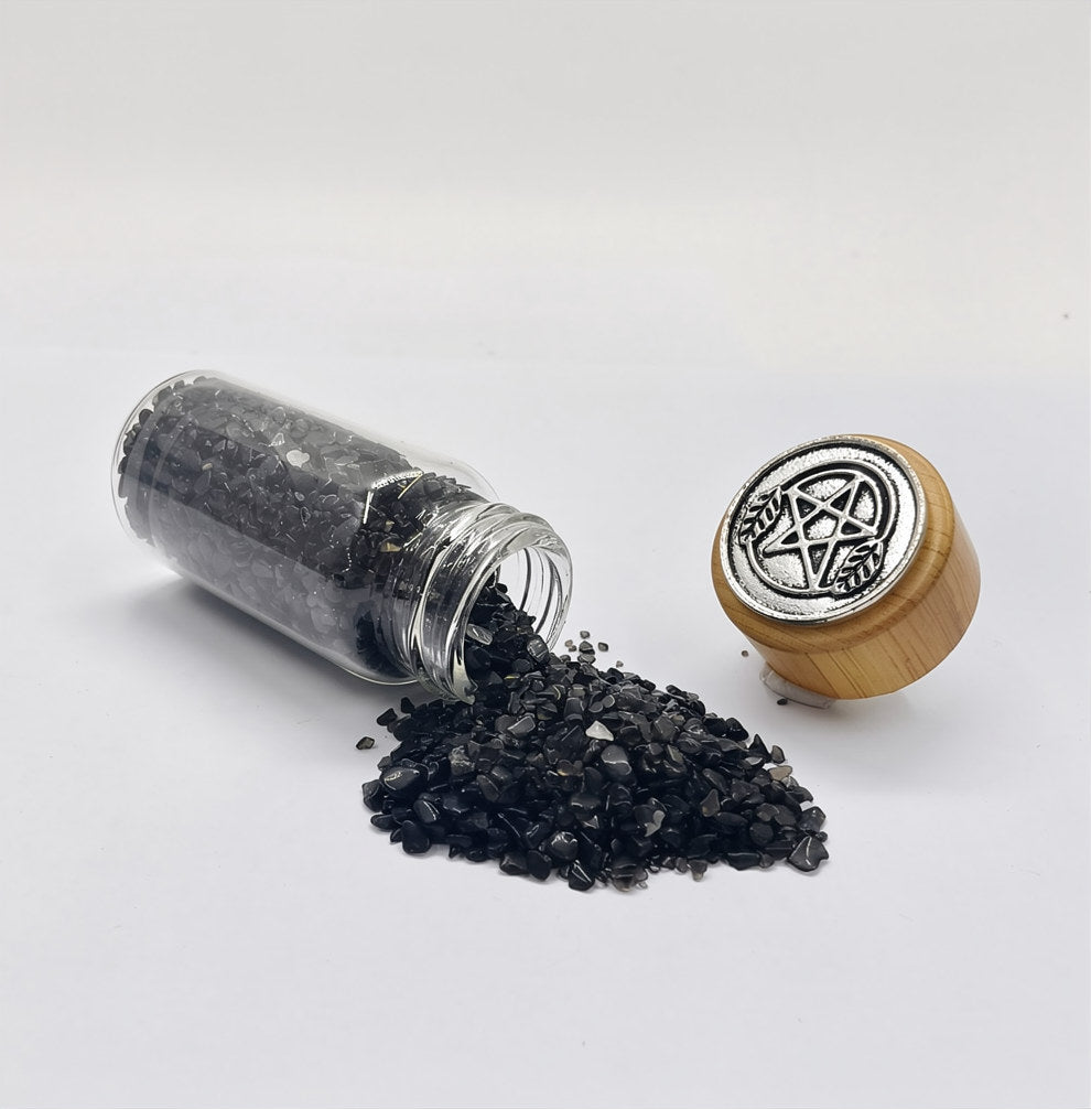 BOTTLE - CHIPS STONES OBSIDIAN, BLACK WITH PENTACLE - 2 inch