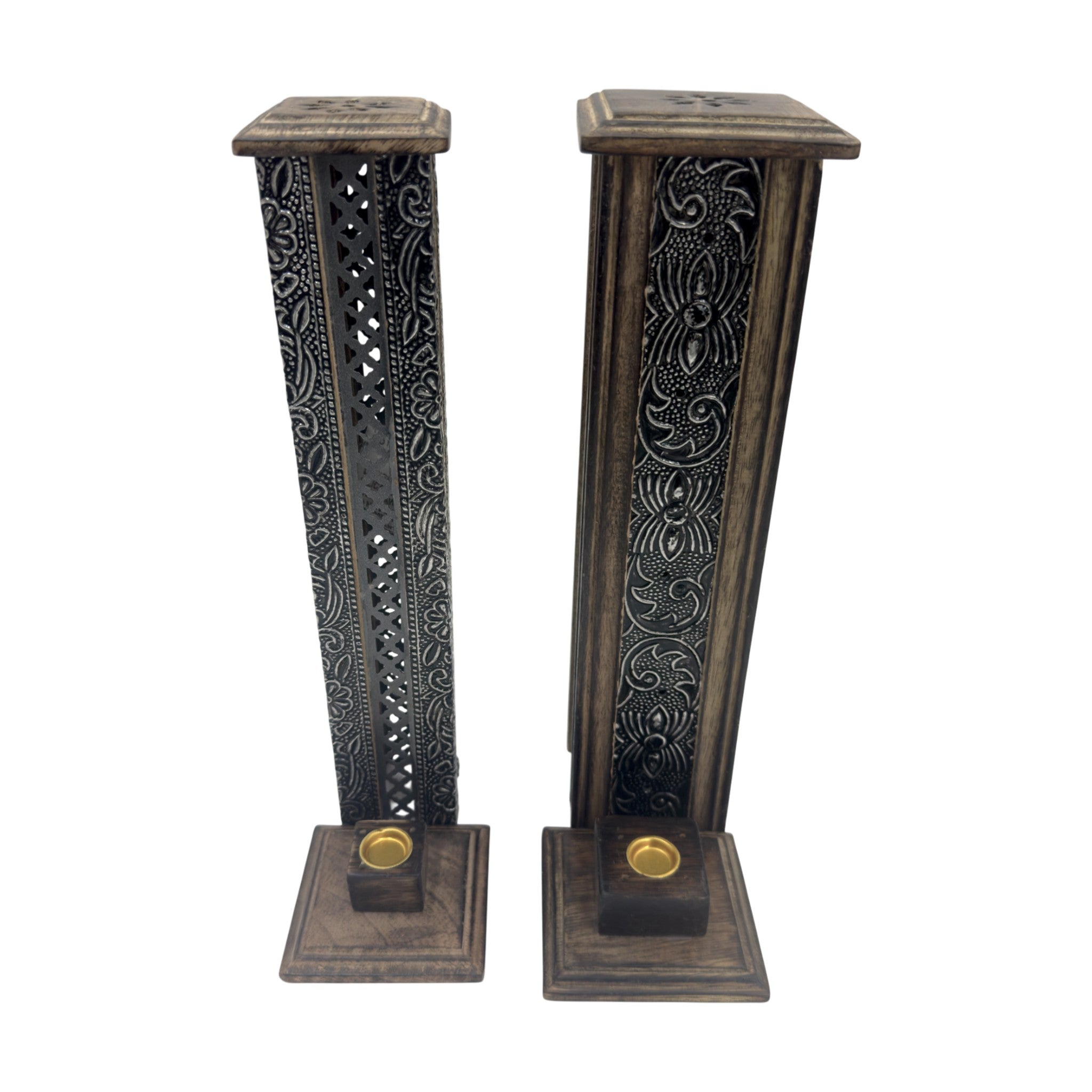 # Carved Wood Tower Stick and Cone Burner - 11.7 inch