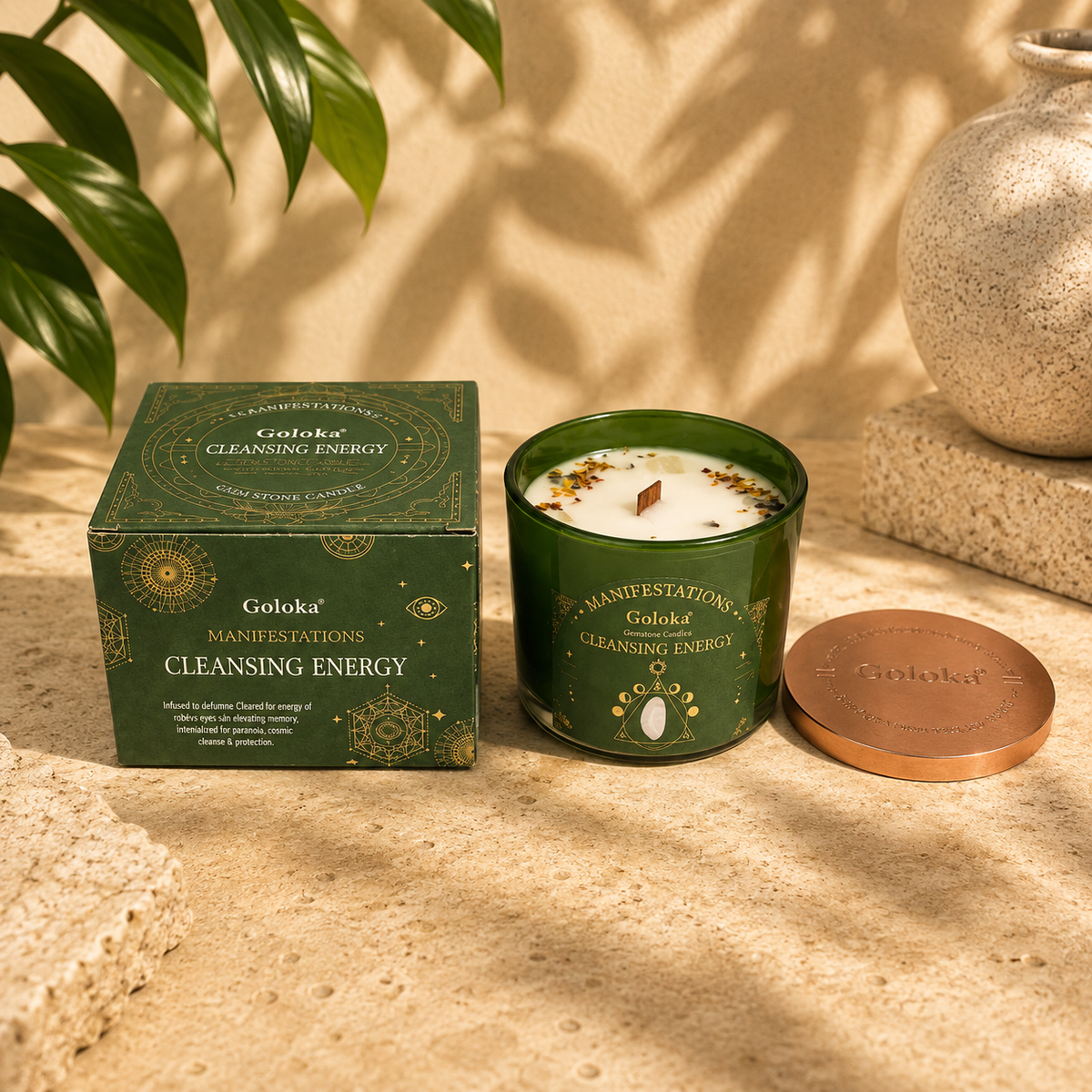 Goloka Cleansing Energy Manifestations Crystal Candle - Green
