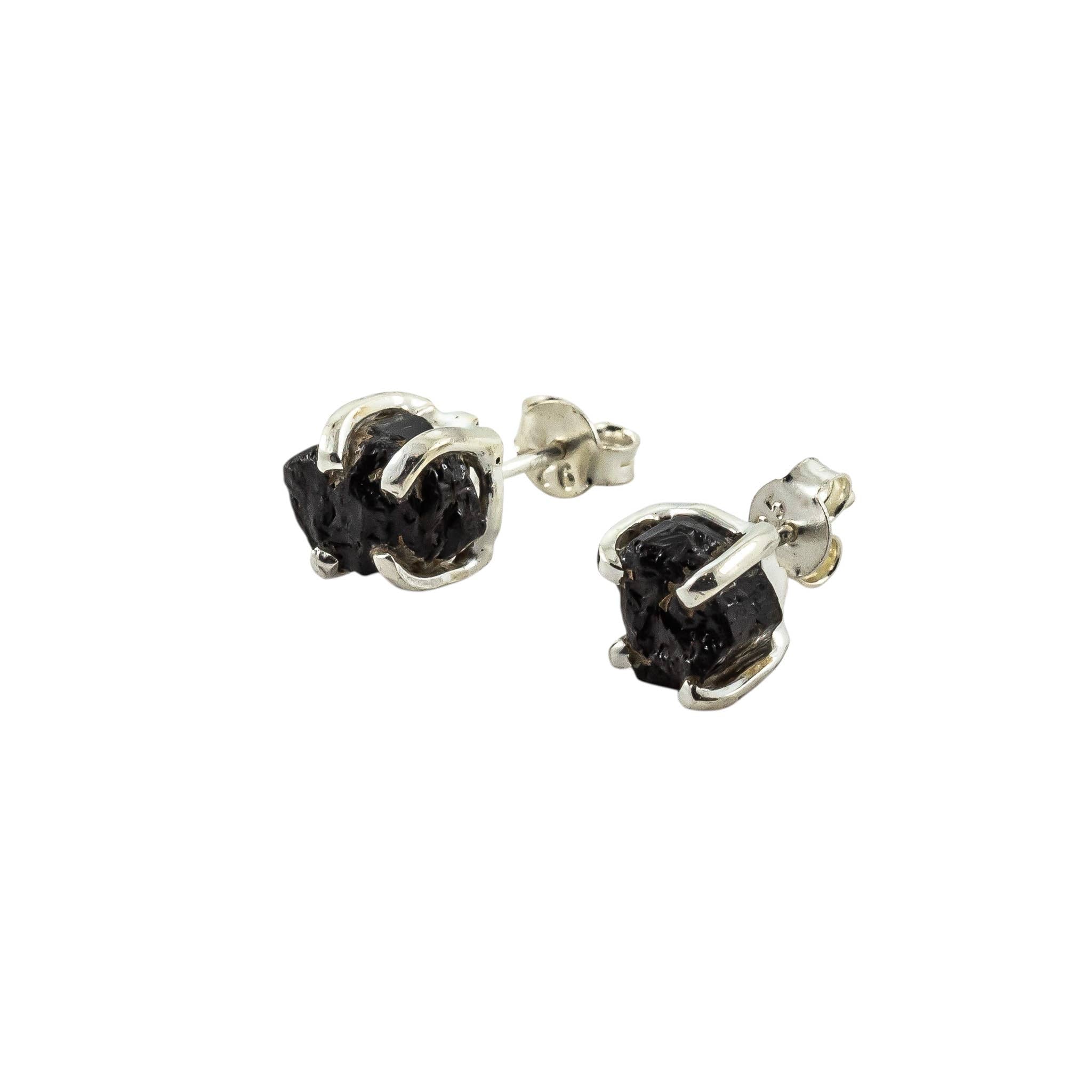 Black Tourmaline Freeform Stud Earrings Sterling Silver