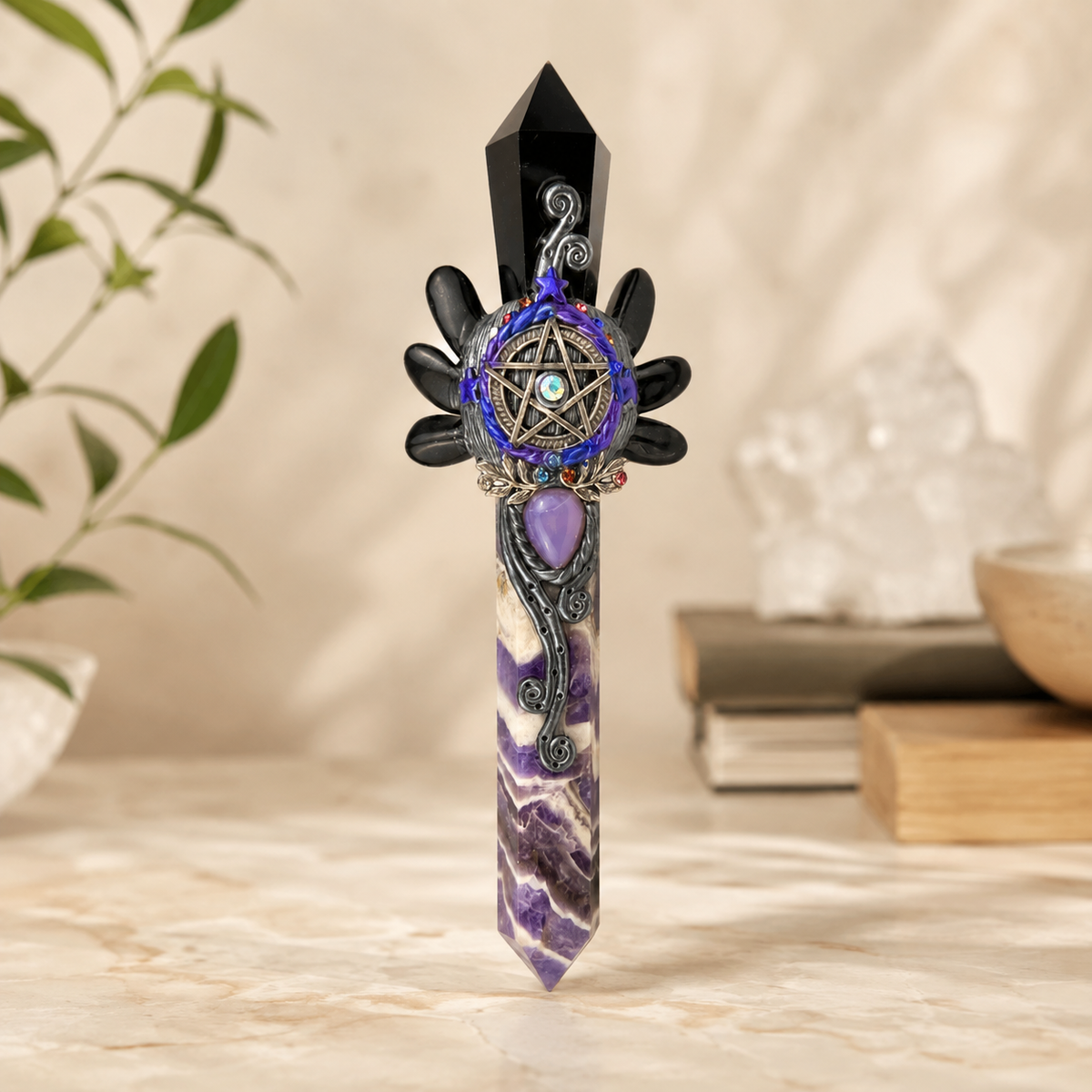 Black Obsidian with Amethyst Point Wand - 7.25 inch