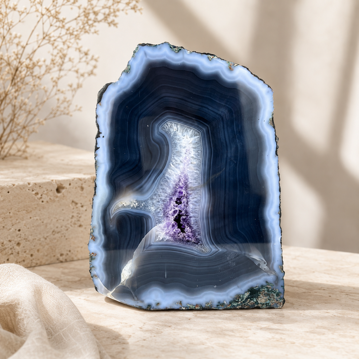 Amethyst Geode Half With Blue Agate - 7.7 x 6.0 inch