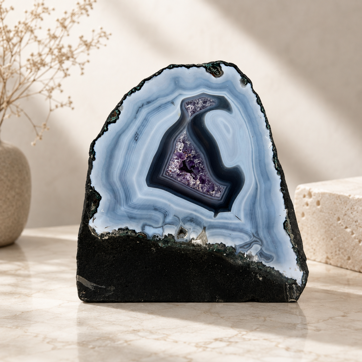 Amethyst Geode Half With Blue Agate - 5.6 x 5.8 inch