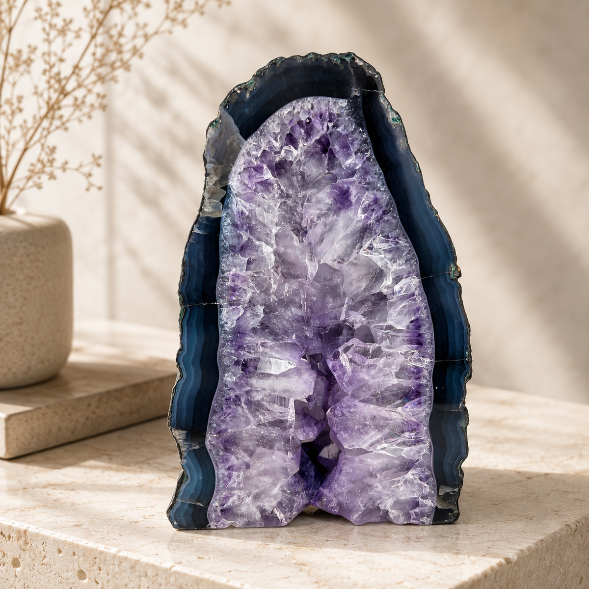 Amethyst Geode Half With Blue Agate - 7.8 x 5.1 inch