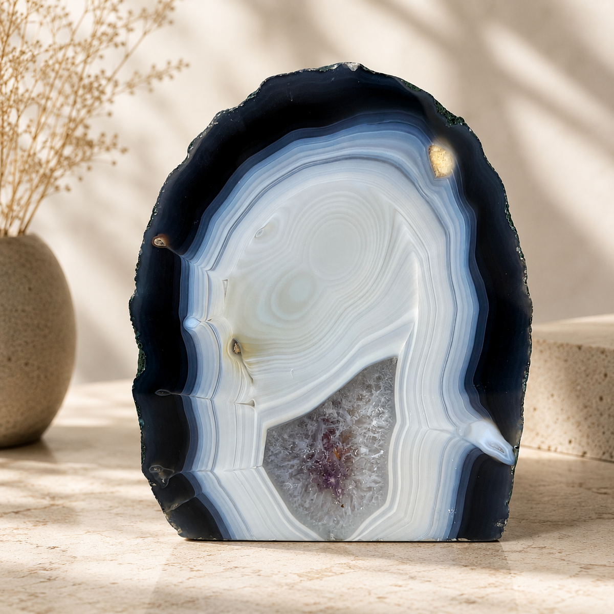 Amethyst Geode Half With Blue Agate - 7.0 x 6.2 inch
