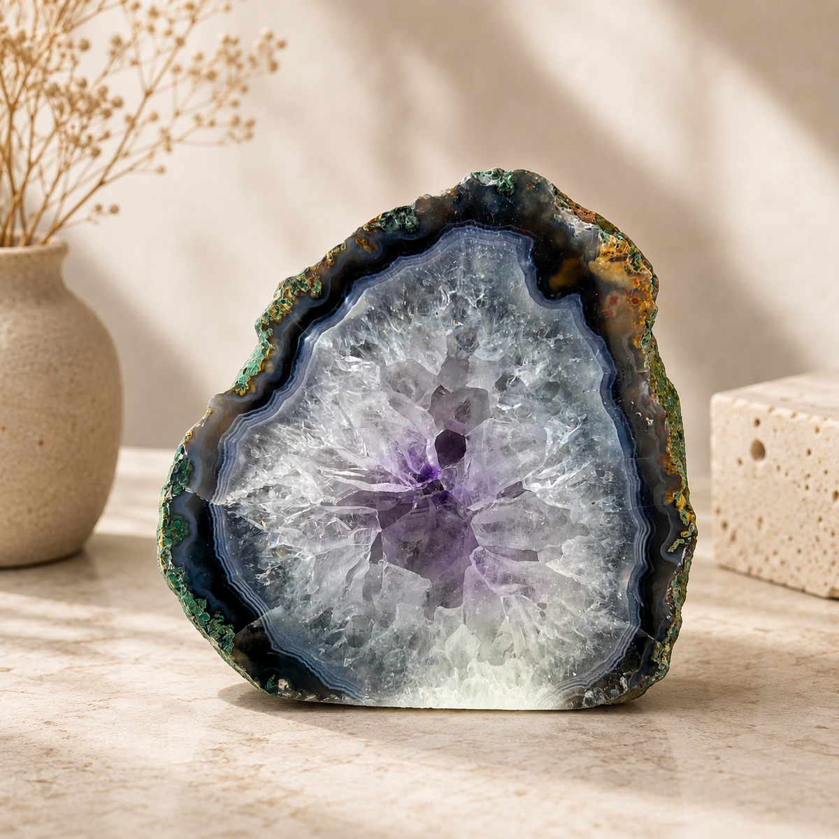 Amethyst Geode Half With Blue Agate - 4.3 x 4.2 inch