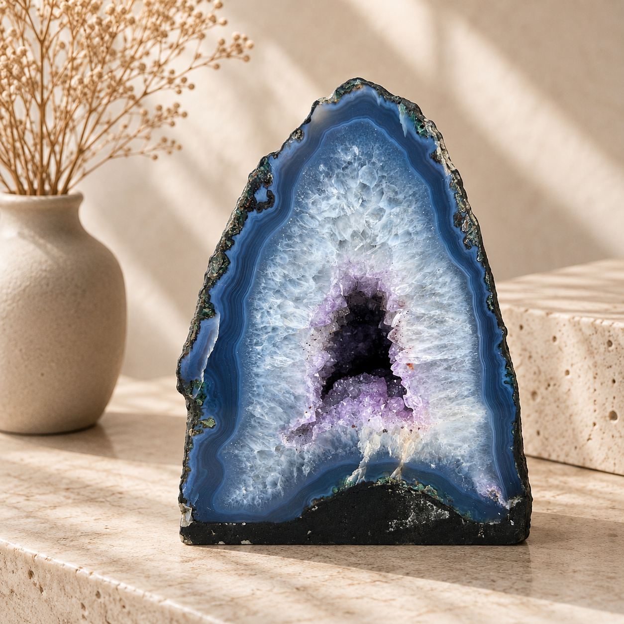 Amethyst Geode Half With Blue Agate - 7.9 x 6.5 inch