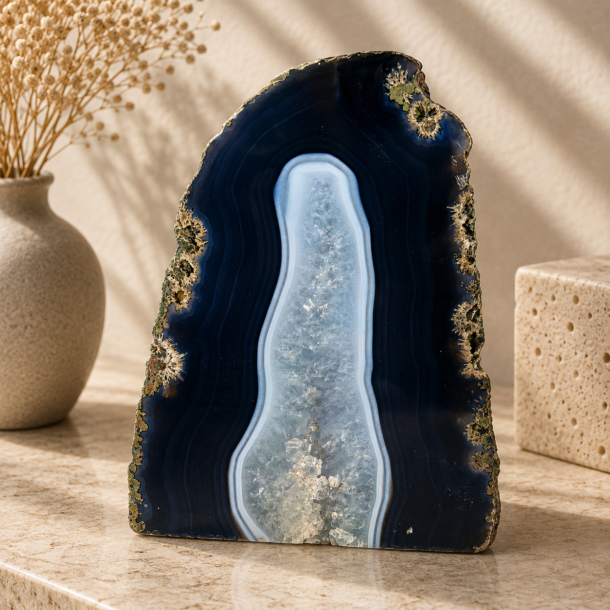 Blue Agate Geode Half - 7.9 x 6.8 inch