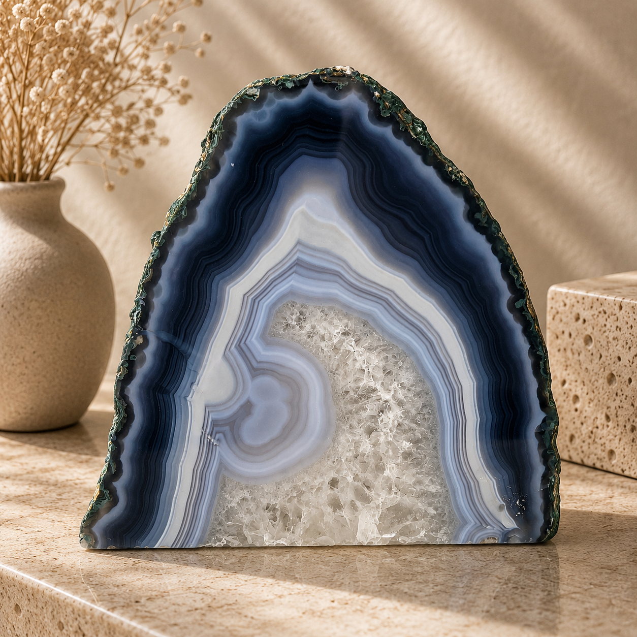 Blue Agate Geode Half - 5.9 x 6.4 inch