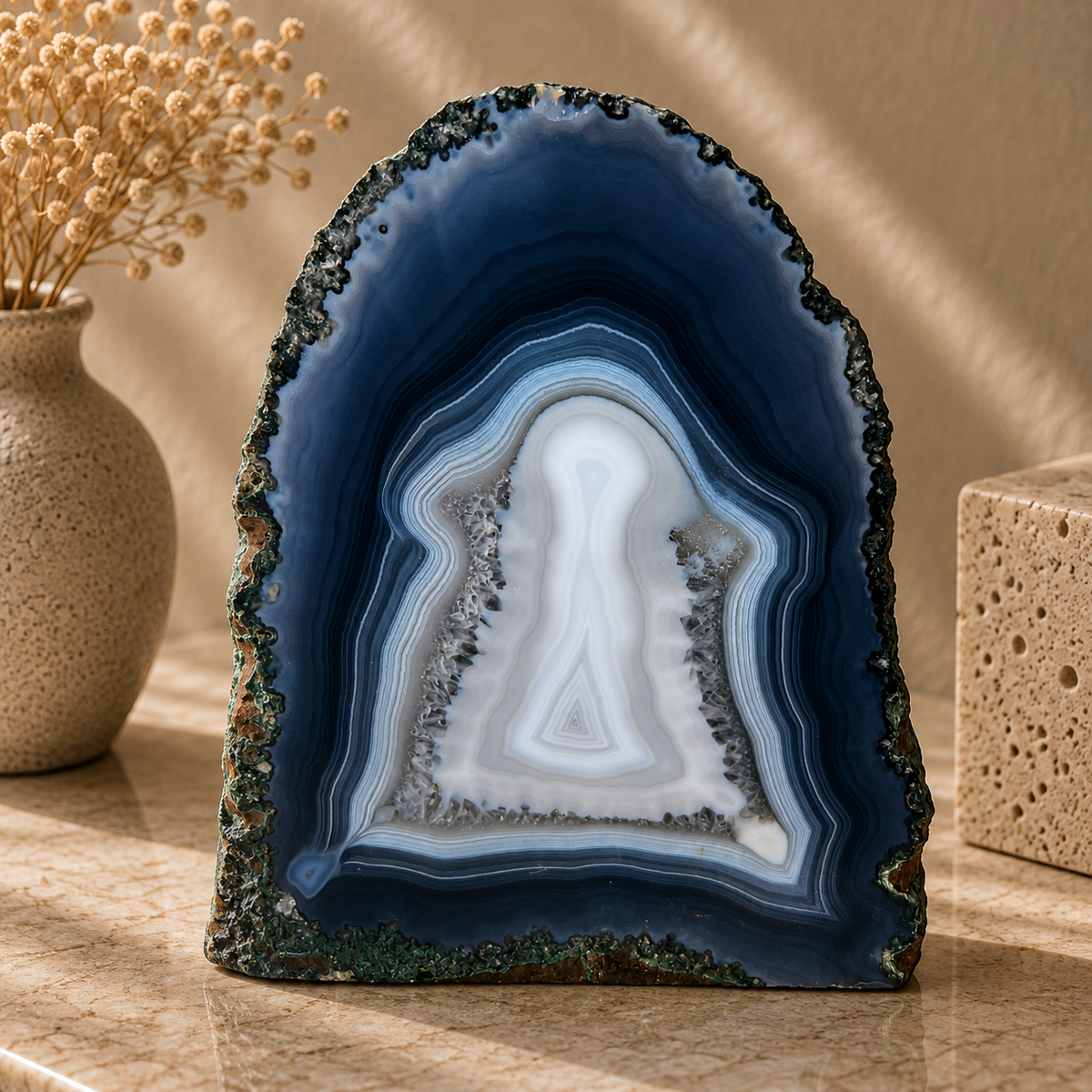 Blue Agate Geode Half - 6.0 x 5.0 inch