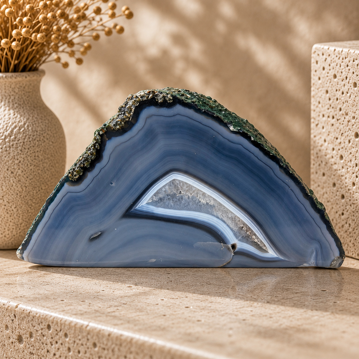 Blue Agate Geode Half - 3.5 x 6.7 inch