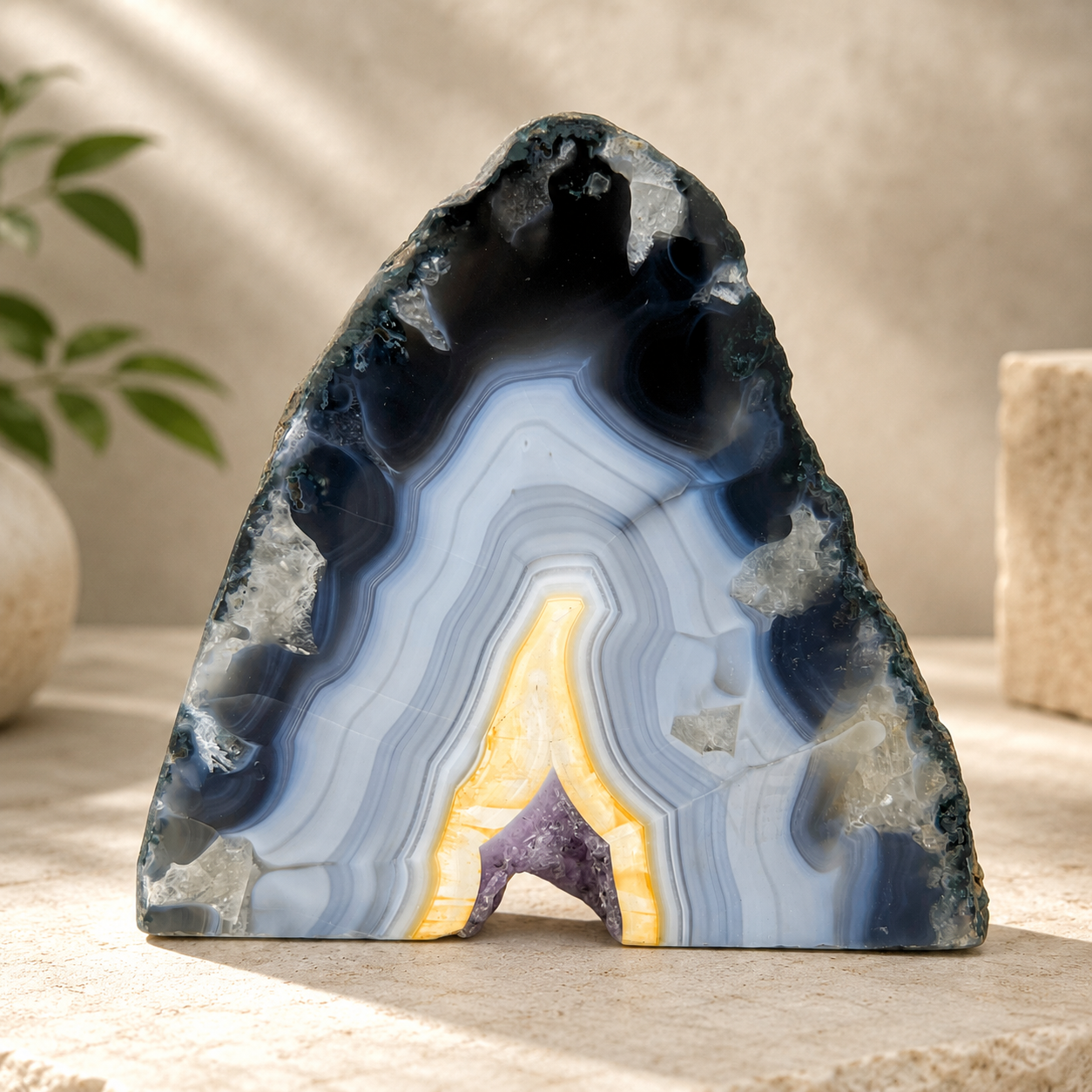 Blue Agate Geode Half With Amethyst - 5.4 x 5.7 inch