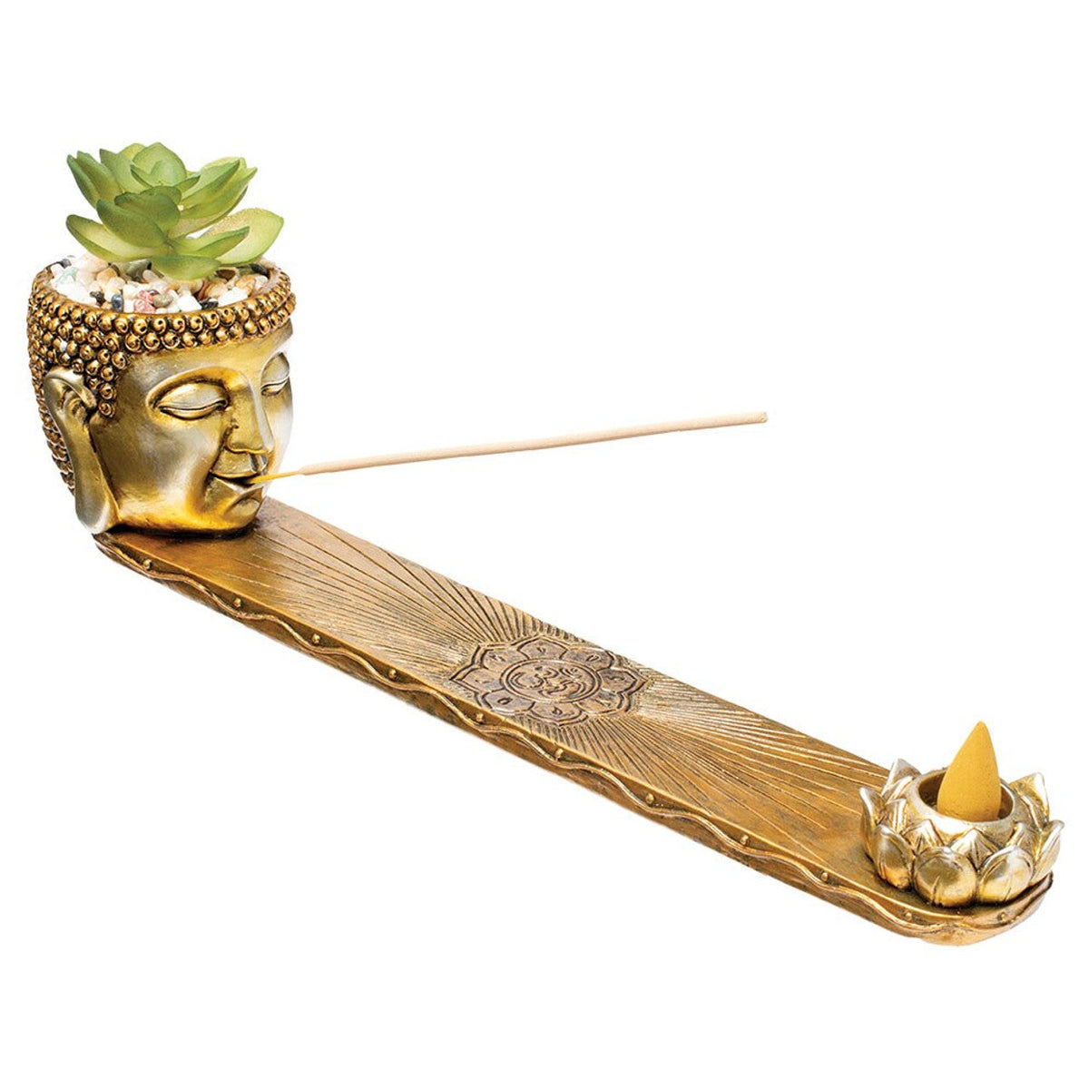 Fujima Buddha Incense Burner with Faux Plant - Antique Gold (12.5 inch)