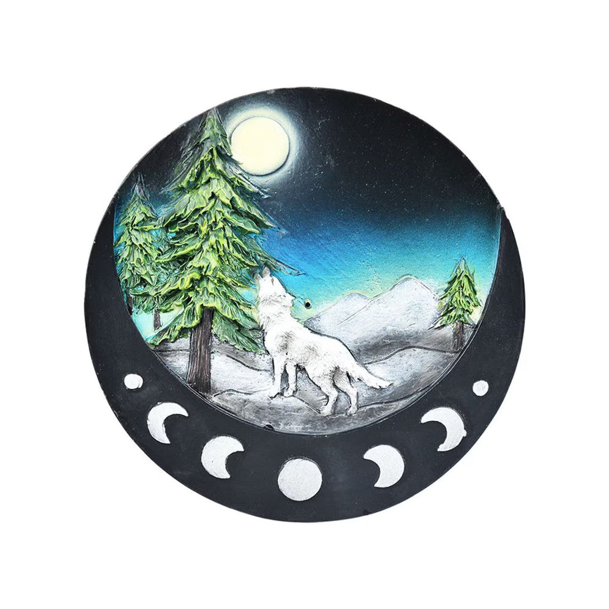 Lone Wolf Moon Phase Round Incense Stick Burner - 4.8 inch