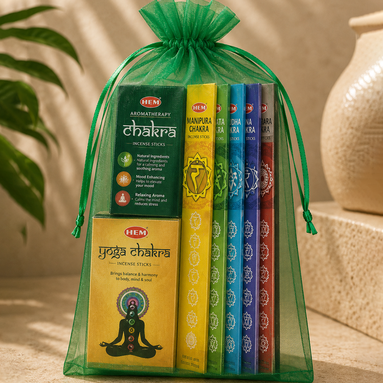**HEM Seven Chakra Incense Gift Pouch (7 Sticks + 2 Cone Packs)**