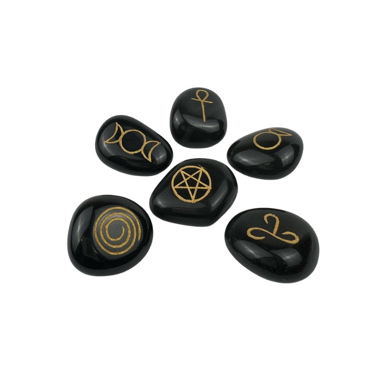 Black Agate Engraved Pagan Symbols Stone Set - 20-25 mm