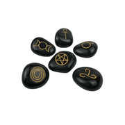 Black Agate Engraved Pagan Symbols Stone Set - 20-25 mm