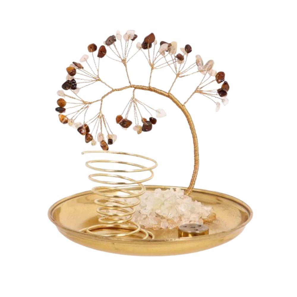 Rutilated Quartz & Tiger Eye Gem Tree Incense Holder - 5.5 inch