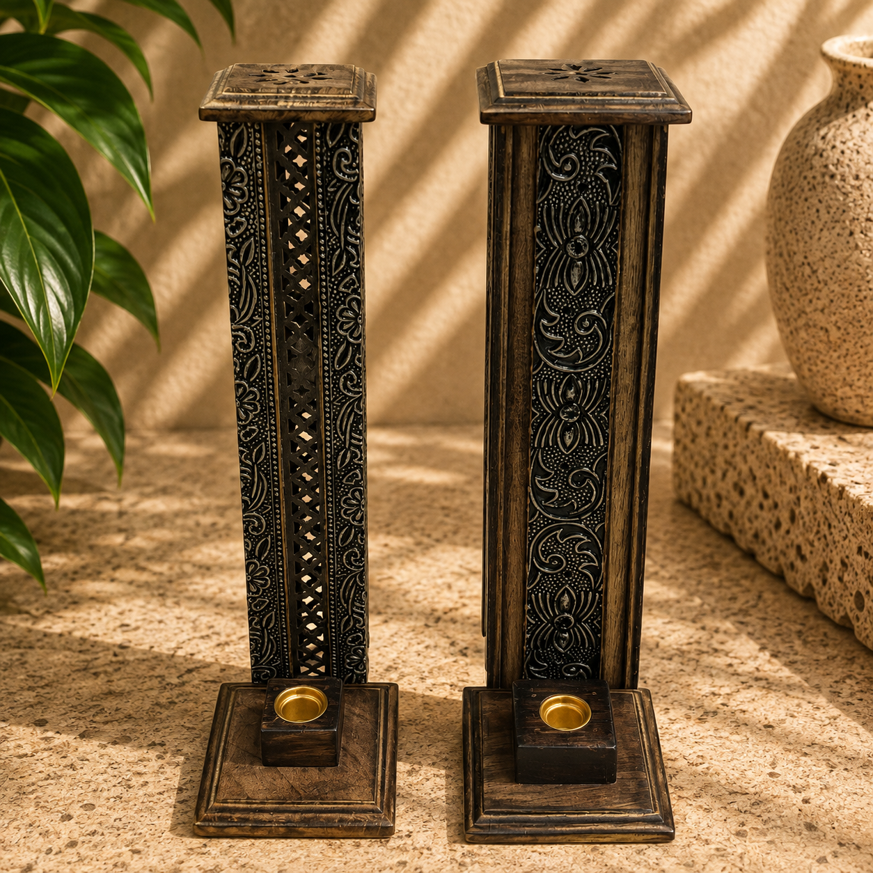 # Carved Wood Tower Stick and Cone Burner - 11.7 inch