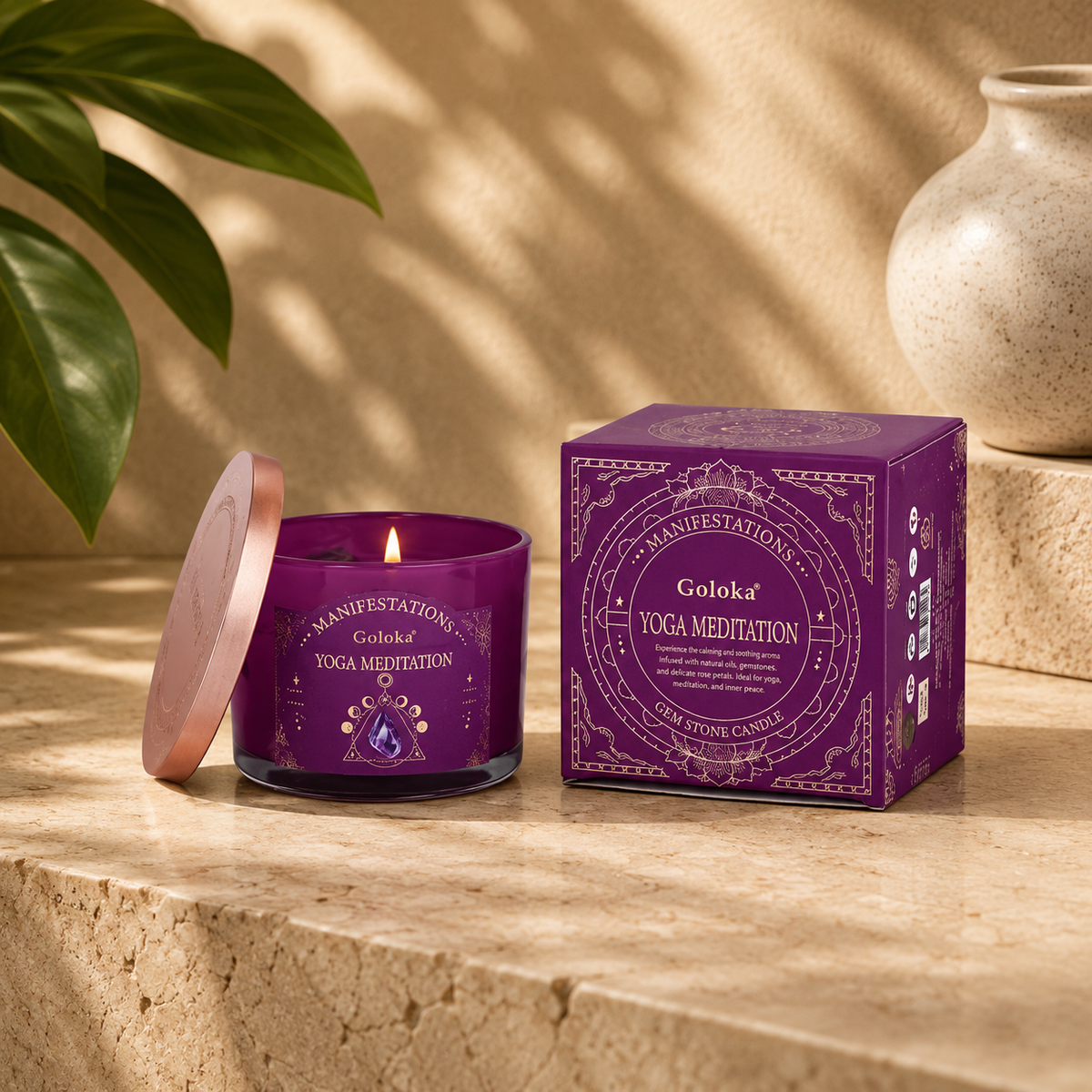 Goloka Manifestations Yoga Meditation Jar Candle with Amethyst