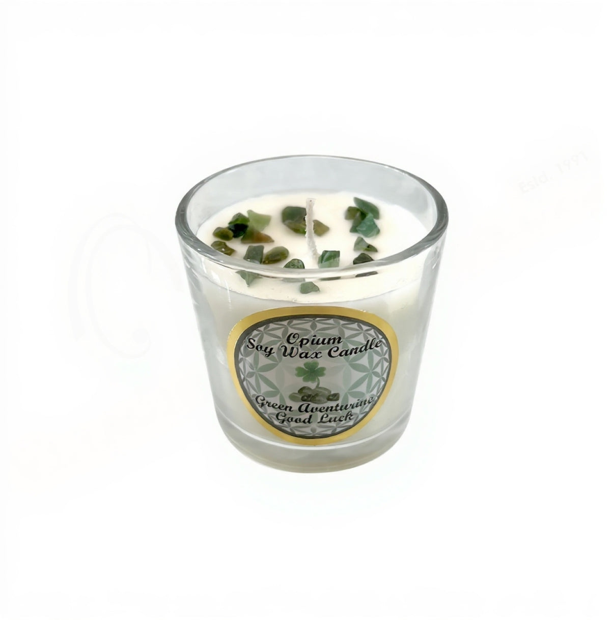 Opium Glass Votive Soy Wax Candle with Green Aventurine
