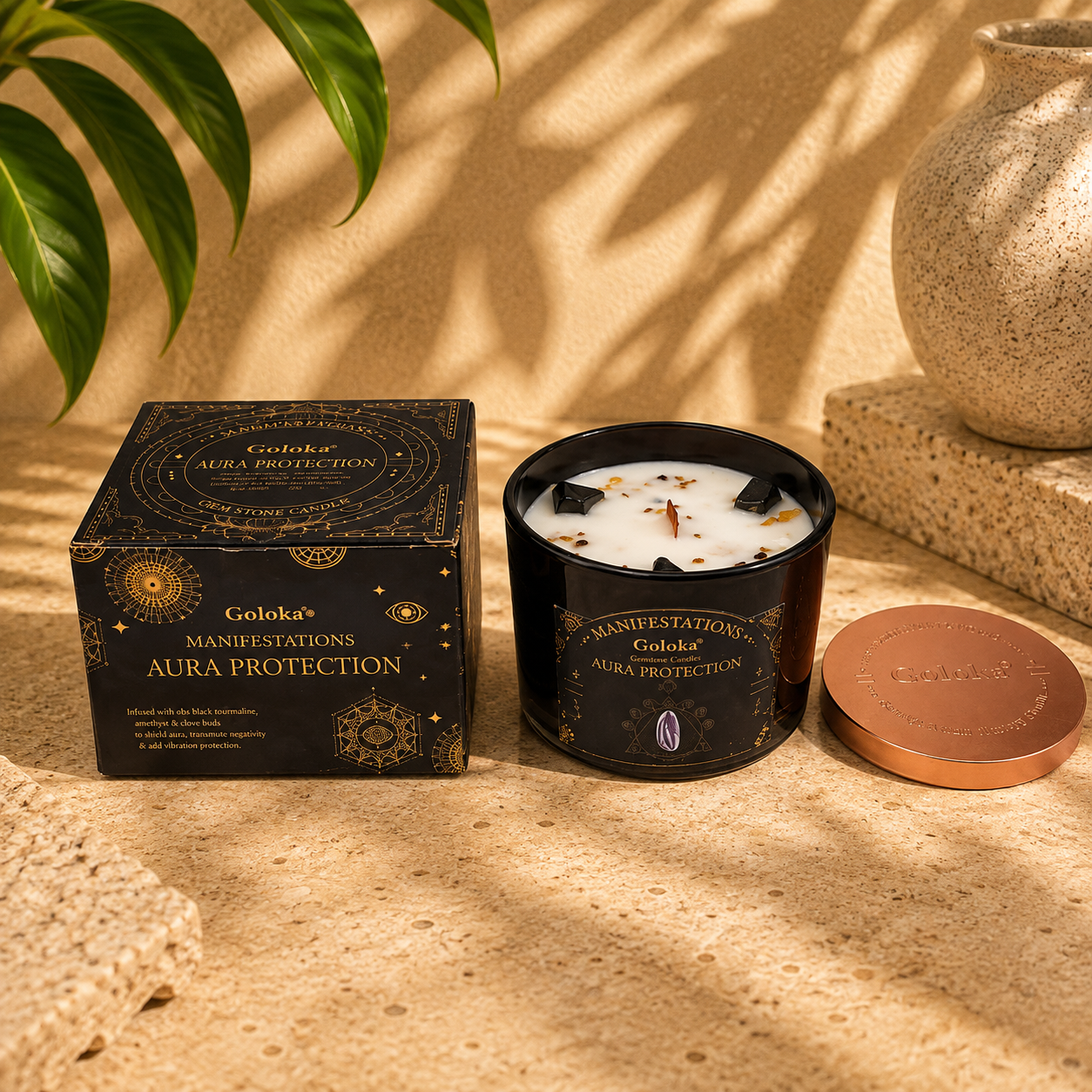 Goloka Aura Protection Jar Candle with Black Obsidian