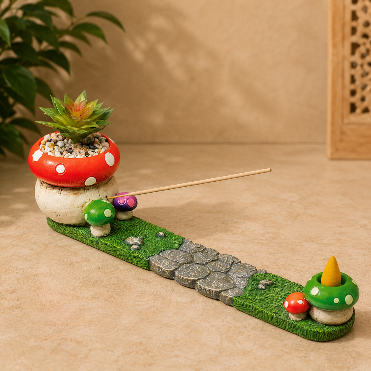 Fujima Mushroom Incense Burner with Faux Plant (12.5 in)
