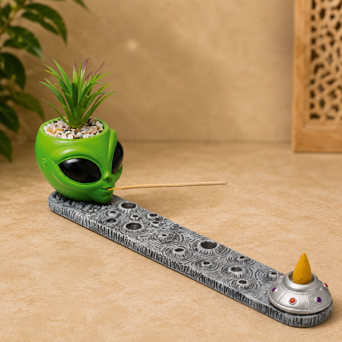 Fujima Alien Incense Burner with Faux Plant - 12.5 inch