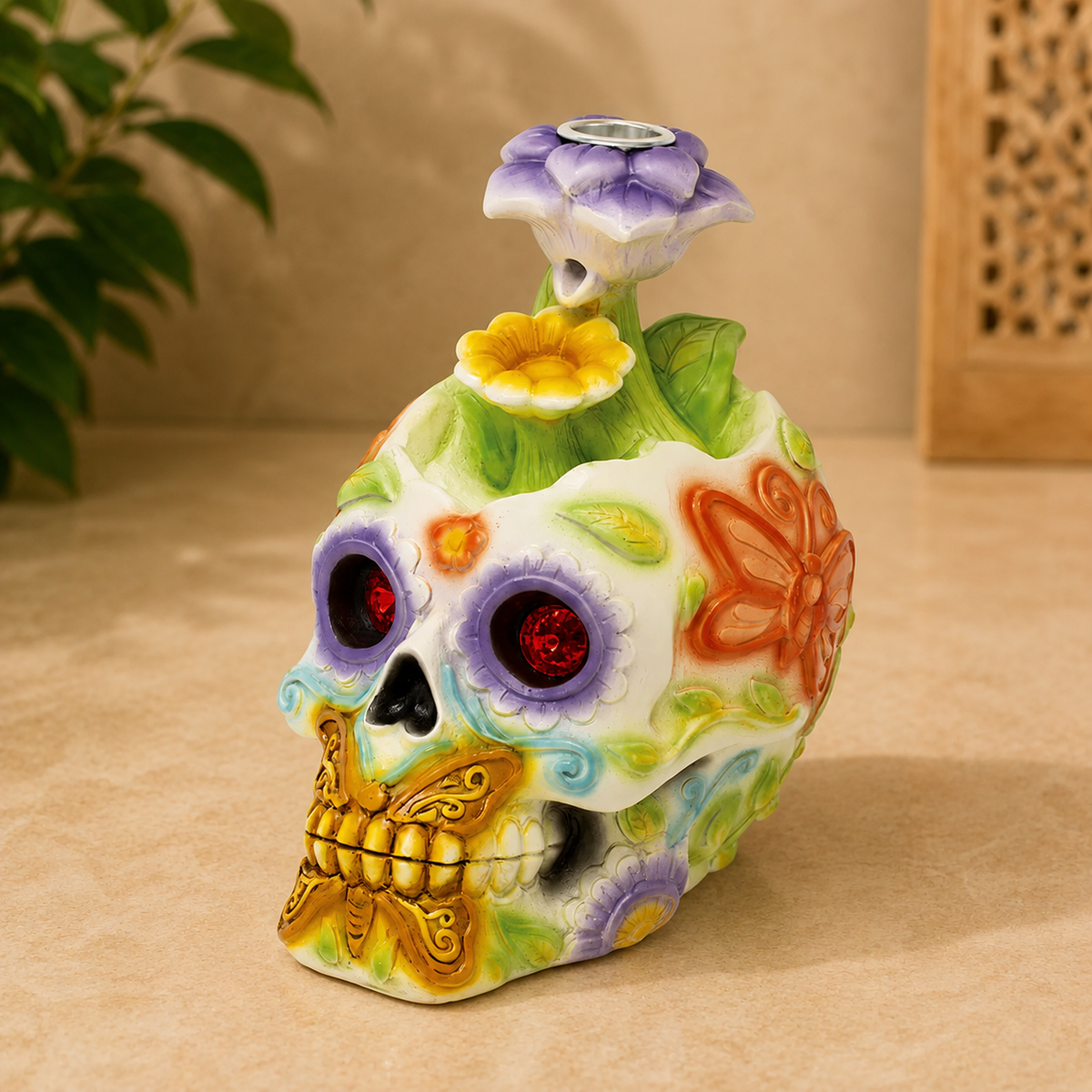 # Fujima Crystal-Eyed Floral Skull Backflow Incense Burner (6 inch)