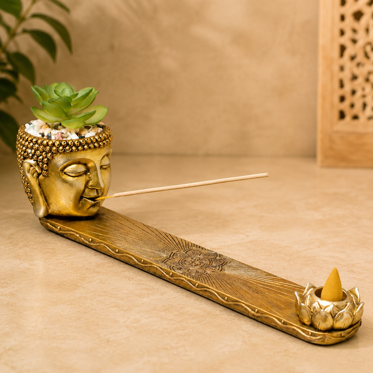 Fujima Buddha Incense Burner with Faux Plant - Antique Gold (12.5 inch)