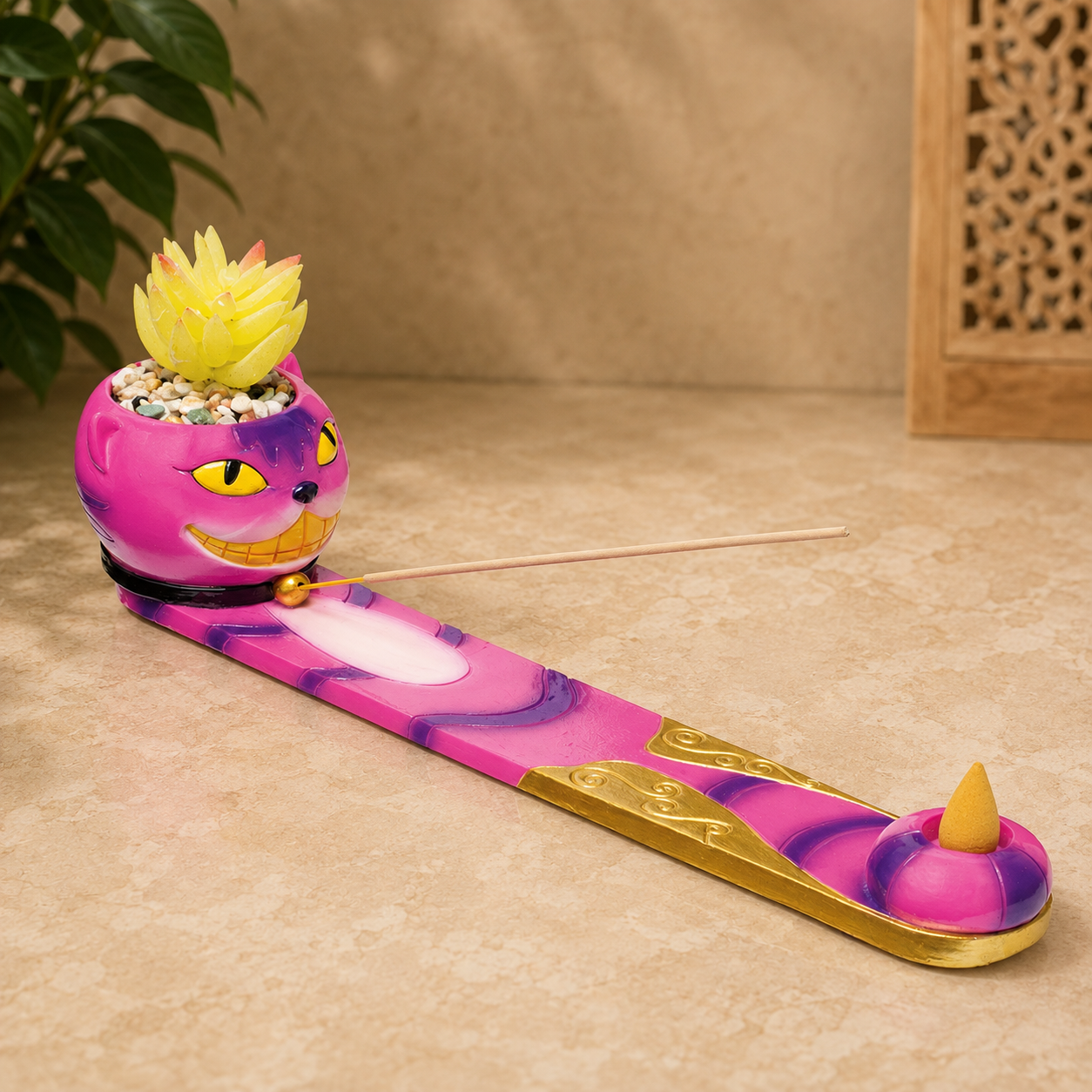 Fujima Trippy Cat Hand-Painted Incense Stick and Cone Burner - 12.5 inch