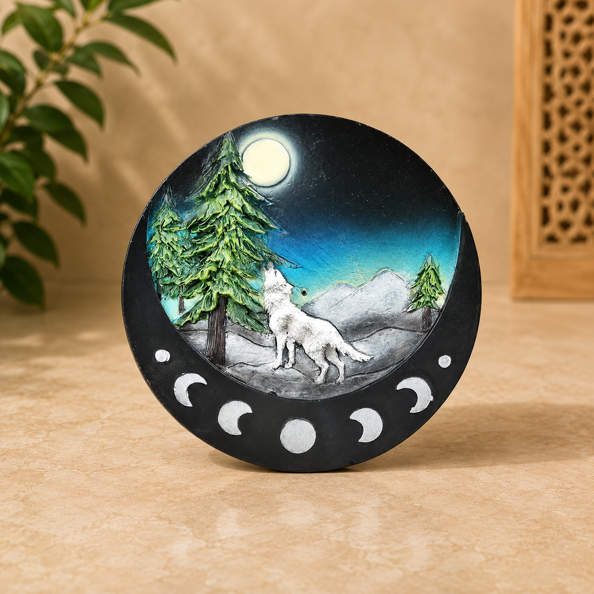 Lone Wolf Moon Phase Round Incense Stick Burner - 4.8 inch