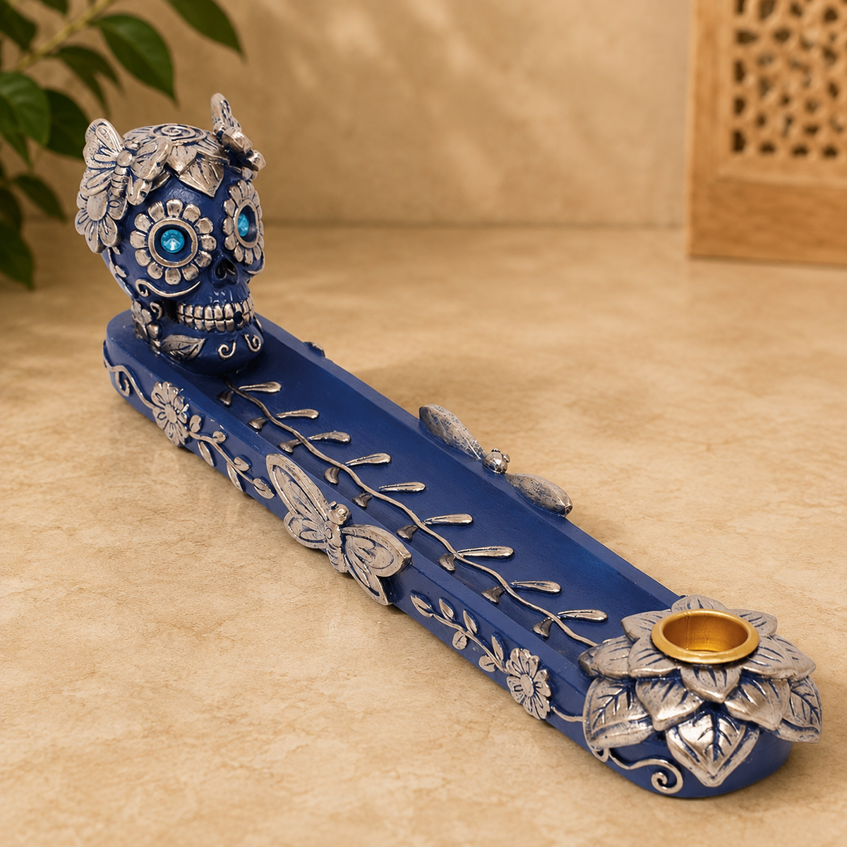 Fujima Blue Skull and Butterfly Stick and Cone Incense Burner (11 in)