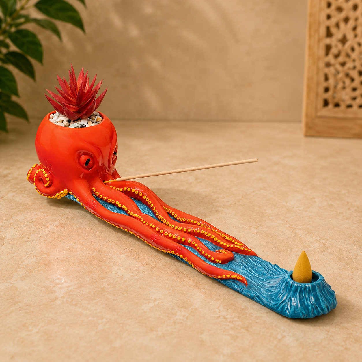 Fujima Octopus Incense Burner with Faux Plant (12.5 in)