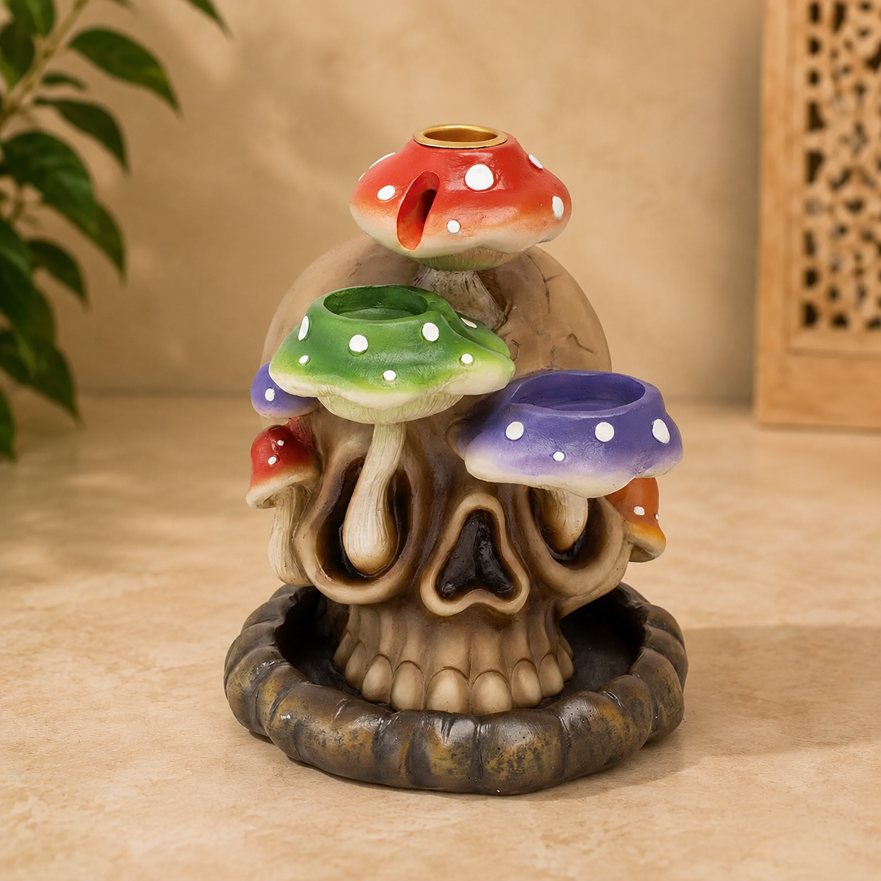 Fujima Tri-Mushroom Skull Backflow Incense Burner - 6 inch