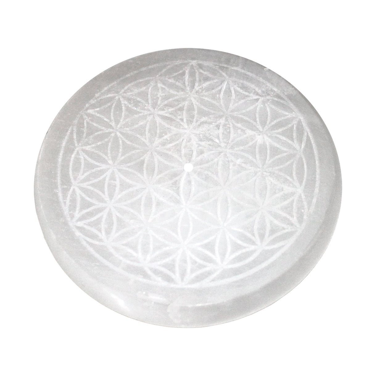 Selenite Incense Holder 4 inch with engraved Flower of Life design.